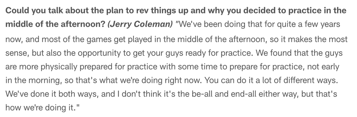 jonas_shaffer's tweet photo. Notable that under Jesse Minter, the Ravens' 12 open training camp practices are all scheduled to start at 10 or 11 a.m. this summer.

John Harbaugh had the Ravens practicing in the afternoon, usually starting at 1:30 p.m. last year.

His reasoning ⤵️: https://t.co/mpAm7Oo05S