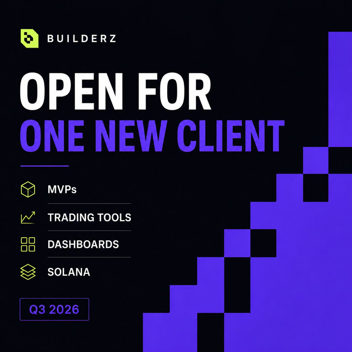 builderzdotdev's tweet photo. Builderz is officially open for one new client.

What we do best:
→ MVPs
→ Trading terminals
→ Analytics dashboards
→ Solana applications
→ Founder prototypes

Senior engineers. Fast execution. Founder-friendly.
If you're building and need a team that ships, DMs are open. https://t.co/WAMNOnmq88