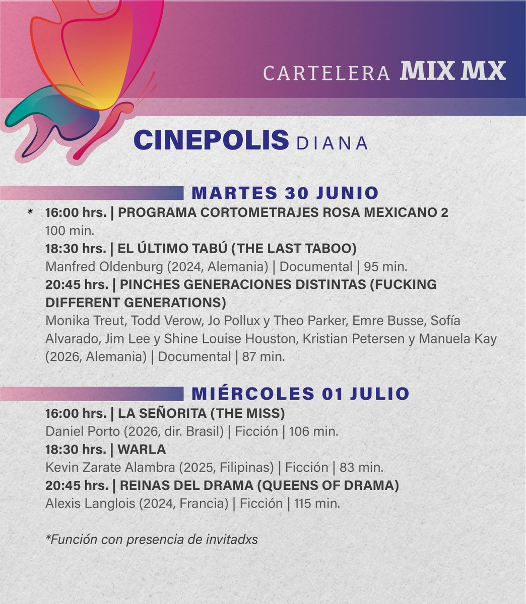 MixFilmFest's tweet photo. Del 19 de junio al 1 de julio te esperamos en nuestras sedes aliadas para seguir disfrutando de una programación imperdible.

📍 Cinépolis Diana 

#ElMIXSomosTúyYo #VENaMIX 📷🎥🦋 https://t.co/vBNTSPvWIA