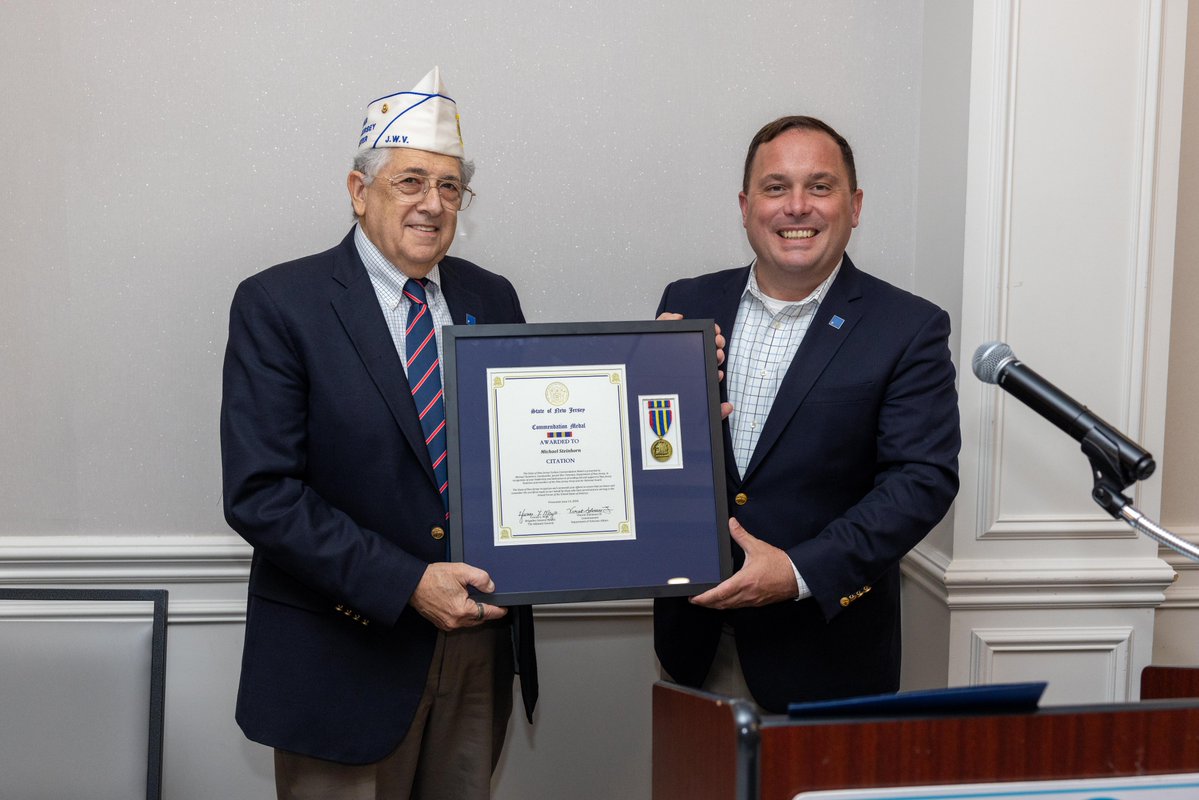 NJ_Veterans's tweet photo. Commissioner Vincent Solomeno recently spoke at the annual convention for the Jewish War Veterans of the United States of America, Department of New Jersey. At the convention, the Commissioner presented Michael Steinhorn, Commander, Jewish War Veterans, Department of New Jersey, with the New Jersey Commendation Medal. For more photos, please visit: https://t.co/uzd2fRYHPh