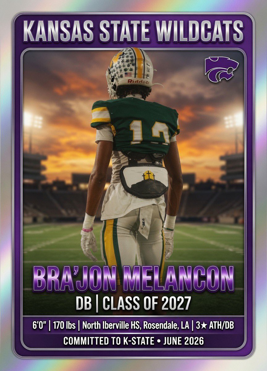 RollDatWave's tweet photo. 🚨Kansas State Wildcats Commit🚨

Class of 27 WR

Bra’Jon Melancon-@BrajonMelancon 
6-2/165
Maringouin, LA

He is a high-upside, versatile defensive back prospect with elite athletic traits, ball skills, length, and production on both sides of the ball. He has a long, lean, explosive frame that projects well for cornerback (or safety/hybrid) at the Power 4 level.

•  Length + physicality: Uses long arms to jam/press receivers at the line, disrupt timing, and contest jump balls. He has a “knack for physicality” and delivers “crushing hits.”
•  Ball skills & playmaking: Excellent hands and instincts, high-points throws, tracks the ball well, and produces turnovers. Goal-oriented production (aimed for 6 INTs in a season) and demonstrated with multiple picks, including pick-sixes.
•  Speed & explosiveness: Closes quickly on underneath routes, runs with vertical threats, and has recovery burst. Track speed translates to mirroring fast WRs.
•  Coverage technique: Strong in man coverage; uses length to stay sticky without grabbing. Good hip fluidity and transition for a tall corner.
•  Instincts/IQ: High football IQ; reads routes, anticipates, and executes game plans. Leader who communicates and elevates teammates.
•  Versatility & special teams: Return man experience (multiple kickoff/punt return TDs) shows vision and elusiveness. Can contribute immediately on special teams.

Pats Deep Dive Recruiting @beinthekneaux