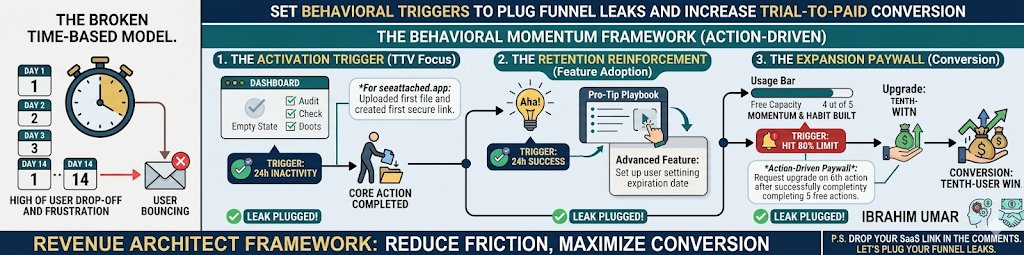 jourofct's tweet photo. Stop looking at time. Start looking at behavioral momentum.
You need to shift from a ticking clock to an action-driven, behavior-triggered framework.

Here are the 3 steps to architecting triggers that actually convert signups into paying customers:
DM: Audit. I'll send it to you https://t.co/fOxWlGTEPP