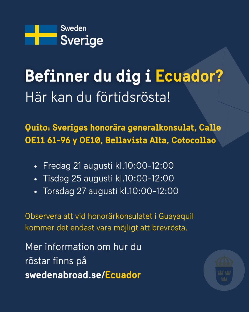 SwedeninCOL's tweet photo. Den 13 september 2026 är det val till riksdag, region- och kommunfullmäktige. Ambassaden och konsulaten organiserar röstmottagning och brevröstning. Alla svenska medborgare över 18 år som någon gång har varit folkbokförda i Sverige får rösta. https://t.co/ZikTkQm1F3