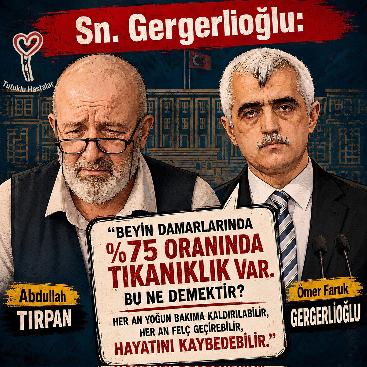suleyman2049's tweet photo. AbdullahTırpan 73 yaşında bir amcamız. Onlarca rahatsızlığı var. Çoğu ölümcül. Mahpusta.

Yapılacak tahliye ile insanların canına, malına, namusuna kasteden birini sokağa salmış olmayacaksınız. Hastalığın pençesinde mücadele eden bir insan özgürlüğe kavuşacak.
@adalet_bakanlik https://t.co/Itw9GsPTw8