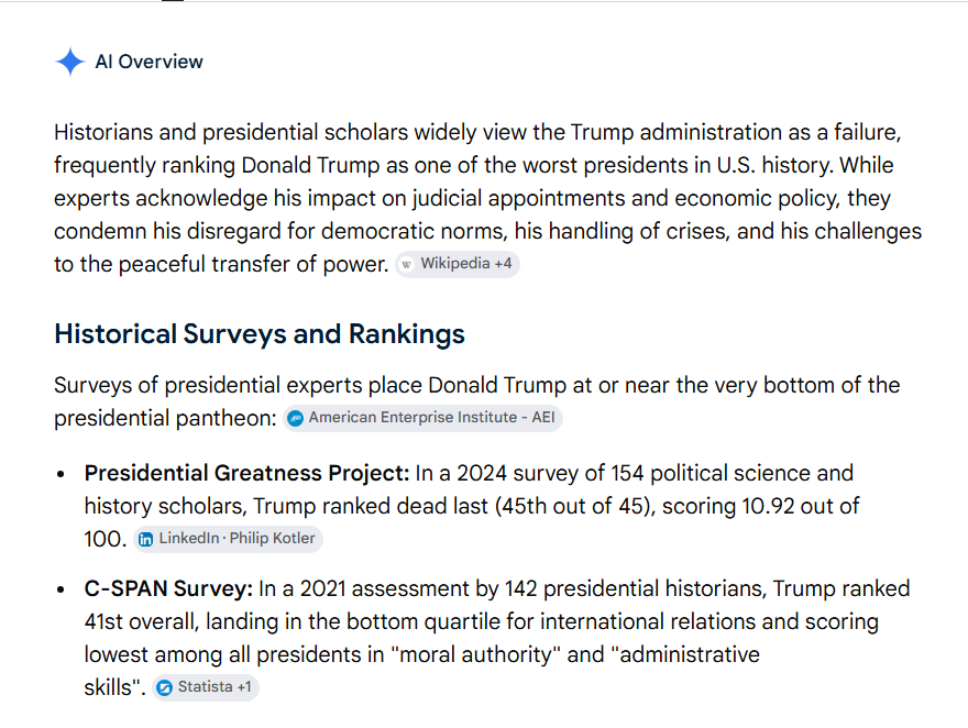 rickspence's tweet photo. @StevenMichaelY3 @SpencerHakimian "Indisputably"?
To quote George Lucas, "Only a Sith speaks in absolutes."
I think are mistaking mere "actions" for "accomplishments."
Here's what real experts think, via Chat GPT.
Trump ranks "at or very near the bottom." https://t.co/h9NiUSeJH1