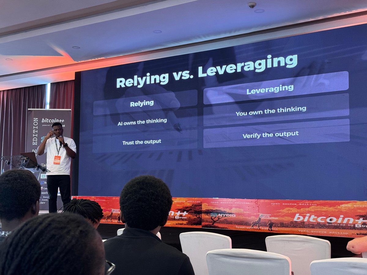ExonumiaAfrica's tweet photo. Day 1 of @btcplusplus 🇰🇪 and it has been edifying. @kelvinator05 reminding us of responsible open-source development in the wake of AI.

Are you relying on AI or are you leveraging AI?

Kevin encourages us to leverage AI.

#bitcoinplusplus #bitcoin https://t.co/xfOui8svts