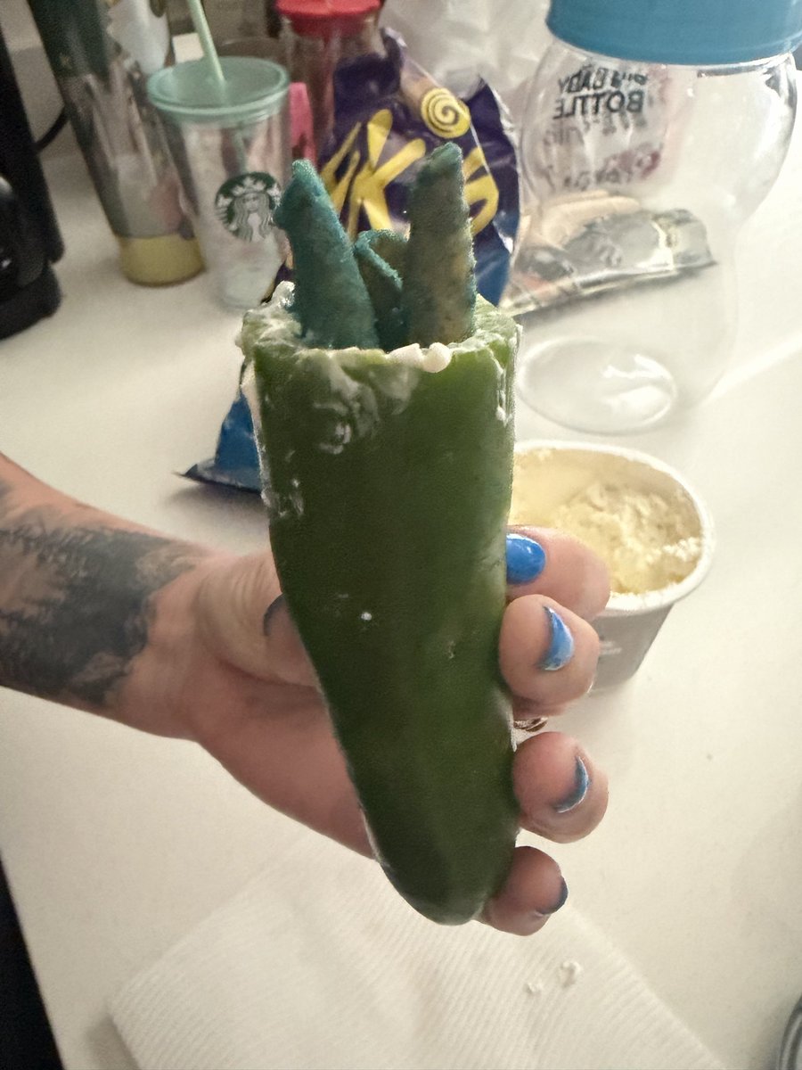 Prideful0neVT's tweet photo. So @miiggsy thinks this is a breakfast option…. Do you think it is? 

Jalapeño (RAW)
Cream cheese
Blue Takis

Someone please explain this to me…. https://t.co/6CMRDJB0dl