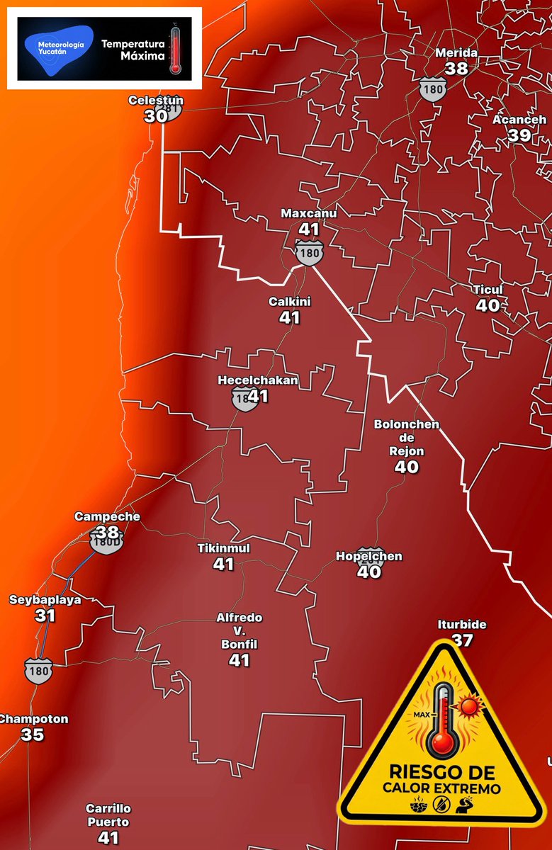 ClimaYucatan's tweet photo. 🥵 Para la tarde de hoy se esperan temperaturas máximas de hasta 41º C en zonas del centro y norte de Campeche, y suroeste de Yucatán. Las sensaciones térmicas podrían alcanzar hasta 45º C o mas.

Tomen sus precauciones. https://t.co/kzO7VIP0gc
