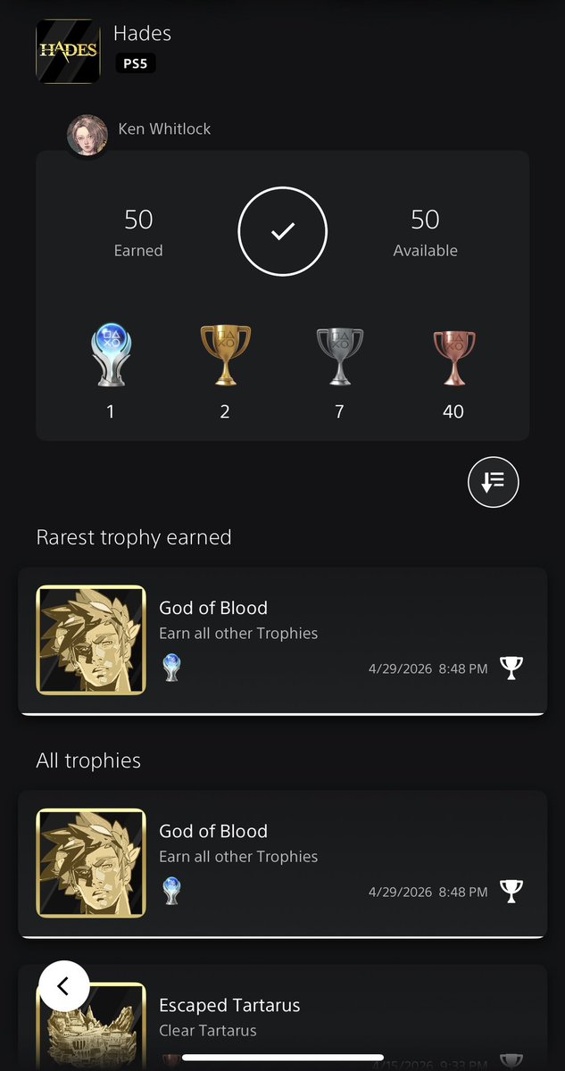 Kwhitlock90's tweet photo. Platinums #225-227: Hades 1 and 2. Gotten a few in between these, but there’s just something about how great these games are I’ve gotta mention them. Some of the best Roguelikes I’ve ever played and time well spent. Loved bashing into it without God Mode. https://t.co/Wpe8aJGUMS