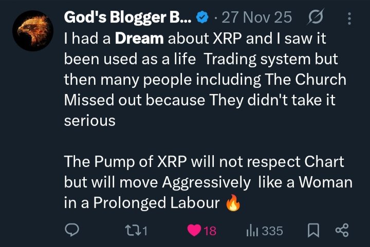 ChikamsoAngel01's tweet photo. PROPHETIC NAVIGATION 👀 

XRP IS THE NEXT BITCOIN 

Now Just like I saw in the Visions of the Night on 27th November 2025 about XRP 

XRP has a lot of Political and Governmental Powers behind it and it will be Brought as the Standard of Payment in the Nearby Future for the World 🌎 

XRP Will be used as a World Trading systems to buy things and pay for Services

The Pump of The XRP coin will take many by a Gigantic Suprise as it will suddenly rise and become very Expensive 

This is a Prophetic insight into the Future of the Cryptocurrency world 

The Future is XRP 🔥

~ Chikamso Angel 🕊️🗞️🔥