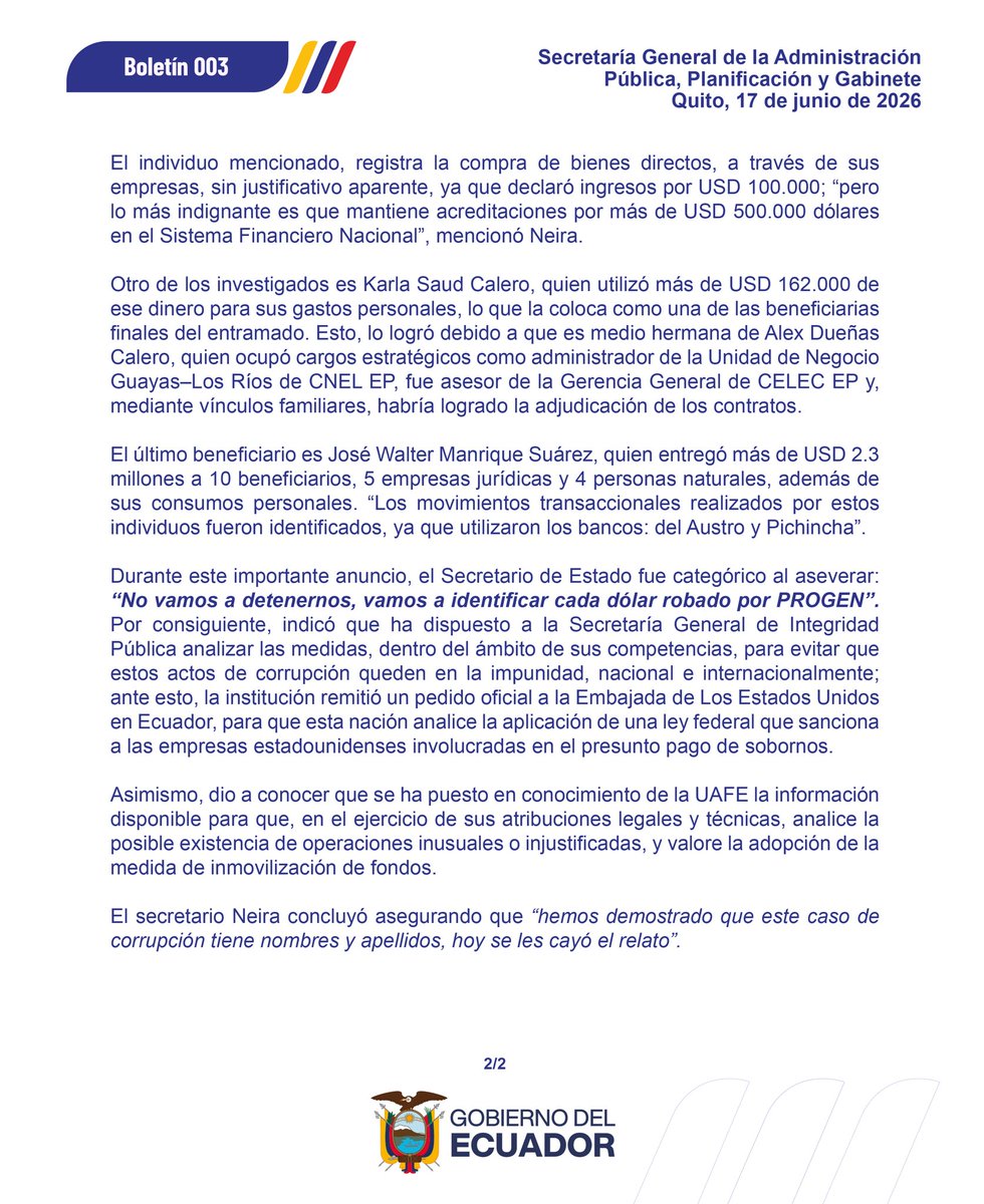 JusticiaTecnica's tweet photo. ‼️ #URGENTE

La Secretaría General de la Administración Pública, Planificación y Gabinete informó que la investigación sobre el caso PROGEN permitió reconstruir la ruta del dinero e identificar a los beneficiarios de los recursos. Según la entidad, 29 personas jurídicas recibieron fondos directamente de PROGEN. Además, señaló que la subcontratista Astrobryxsa LLC/SA habría recibido aproximadamente USD 15,2 millones y distribuido esos recursos a nueve beneficiarios.

La Secretaría también indicó que Karla Saud Calero habría utilizado más de USD 162.000 para gastos personales y que José Walter Manrique Suárez transfirió más de USD 2,3 millones a diez beneficiarios. Asimismo, aseguró que la información fue puesta en conocimiento de la UAFE y remitida a autoridades de Estados Unidos para continuar las investigaciones. https://t.co/ZPNZDDzTjH