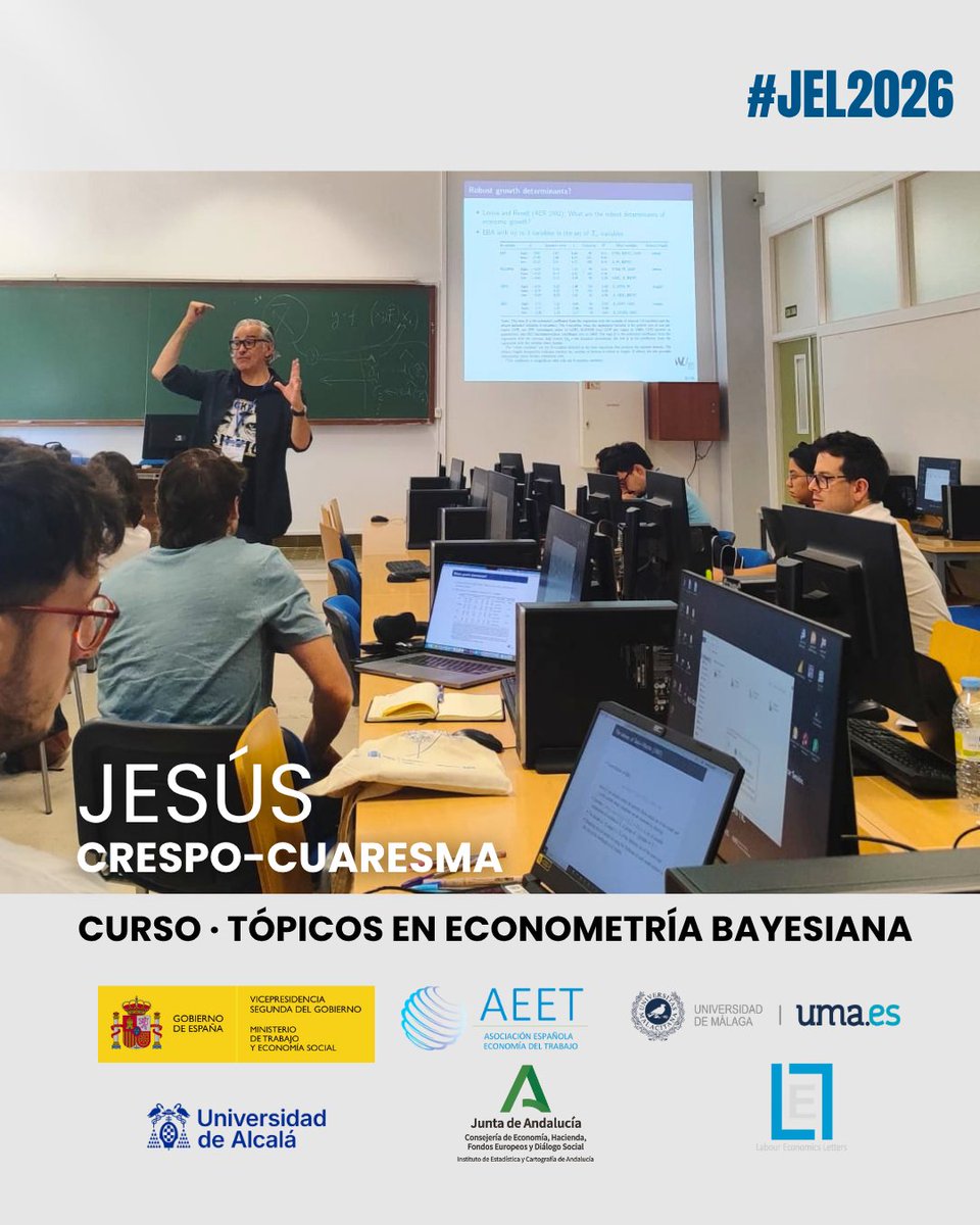 aeetrabajo's tweet photo. 🎓 Así ha sido el Día 1 de las XVIII #JEL2026
4 horas. Un nivel altísimo.

Jesús Crespo-Cuaresma (WU Vienna) ha inaugurado las Jornadas con el curso «Topics in Bayesian Econometrics» y ha dejado el listón donde tiene que estar.

#AEET #EconomíaLaboral #Málaga2026 #LabourEconomics https://t.co/dXH2D4CzAO