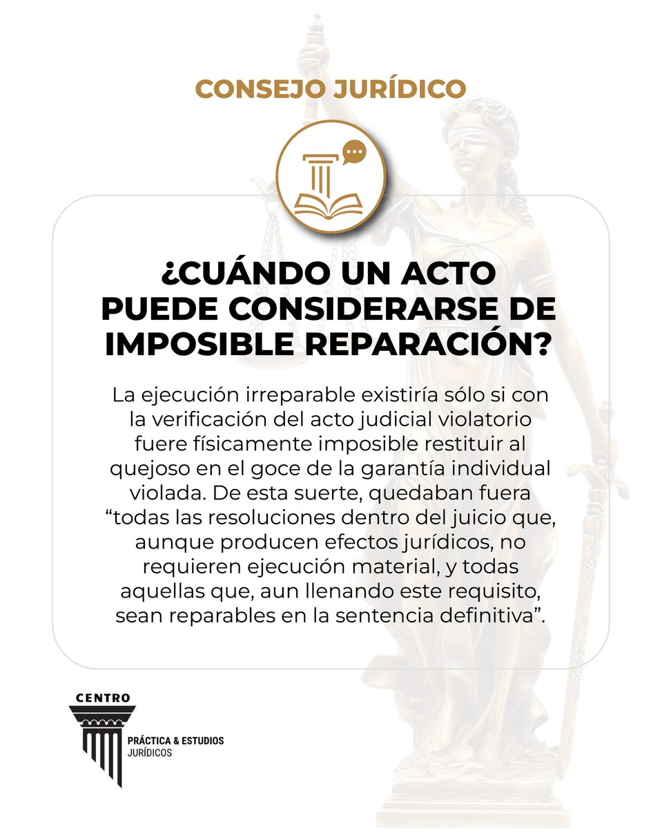 cepyej's tweet photo. ⚖️ No toda afectación en un juicio es irreparable.

La clave está en si el derecho puede o no restituirse. Conocer esta diferencia es fundamental en el juicio de amparo.
#ConsejoJurídico #JuicioDeAmparo https://t.co/ZbsBTBEgiZ
