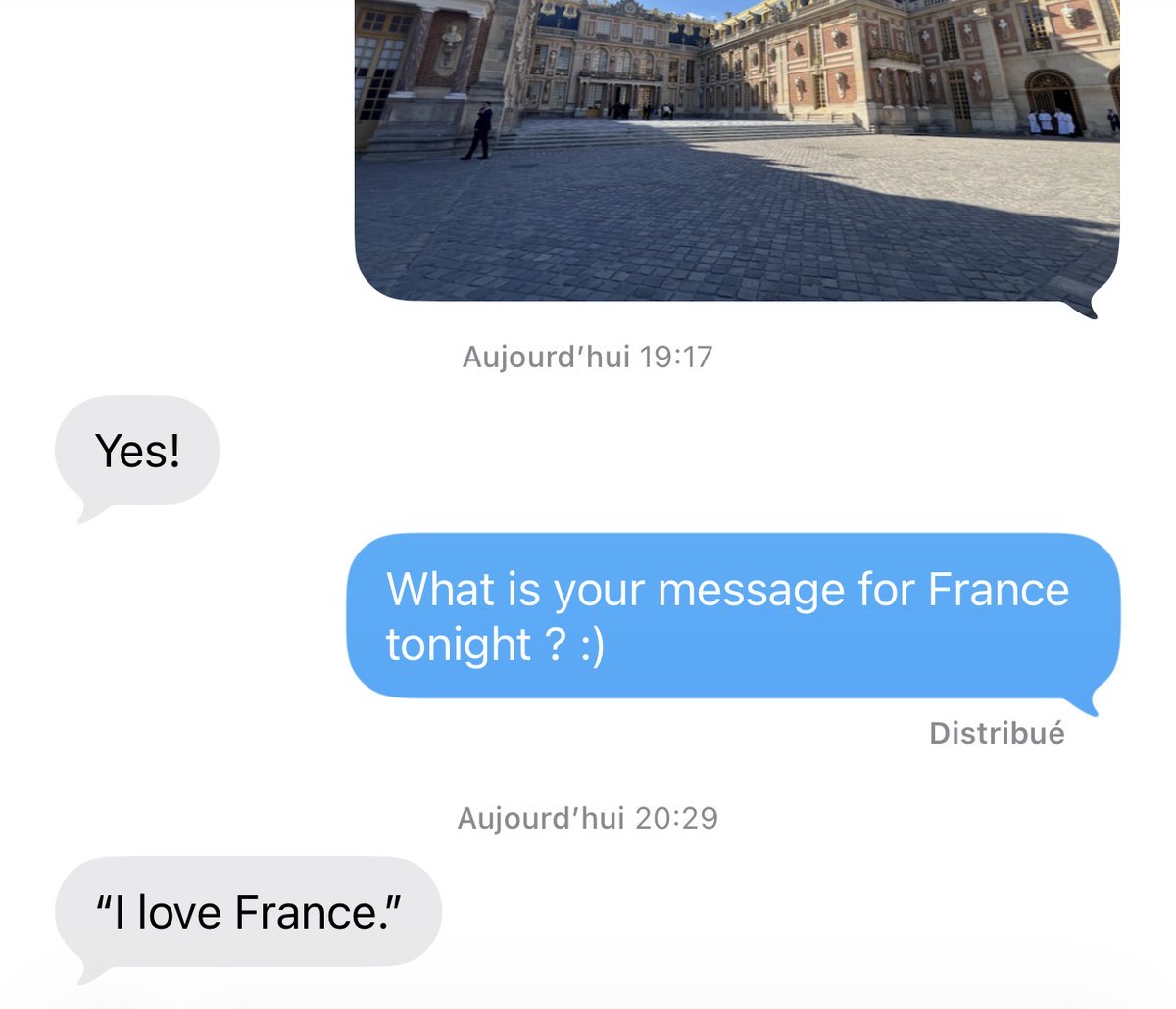 margothaddad's tweet photo. Brief exchange with the U.S. President before dinner at Versailles. “I love France” 🇫🇷 @LCI https://t.co/ACSx8hRVMK