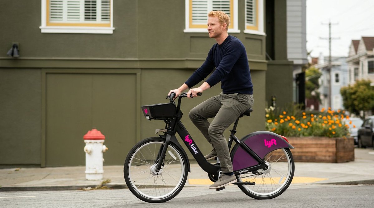 nelepko's tweet photo. Was just walking around SF and stumbled onto this — a full crew shooting ONE @lyft bike. Softbox, light stands, a truck, the bike propped on a riser on the sidewalk. 

@lifeatlyft you're still doing it this way? 😅

Come to us — same on-brand result, AI-generated 
@Watchable_ai https://t.co/OGf1vqNk79