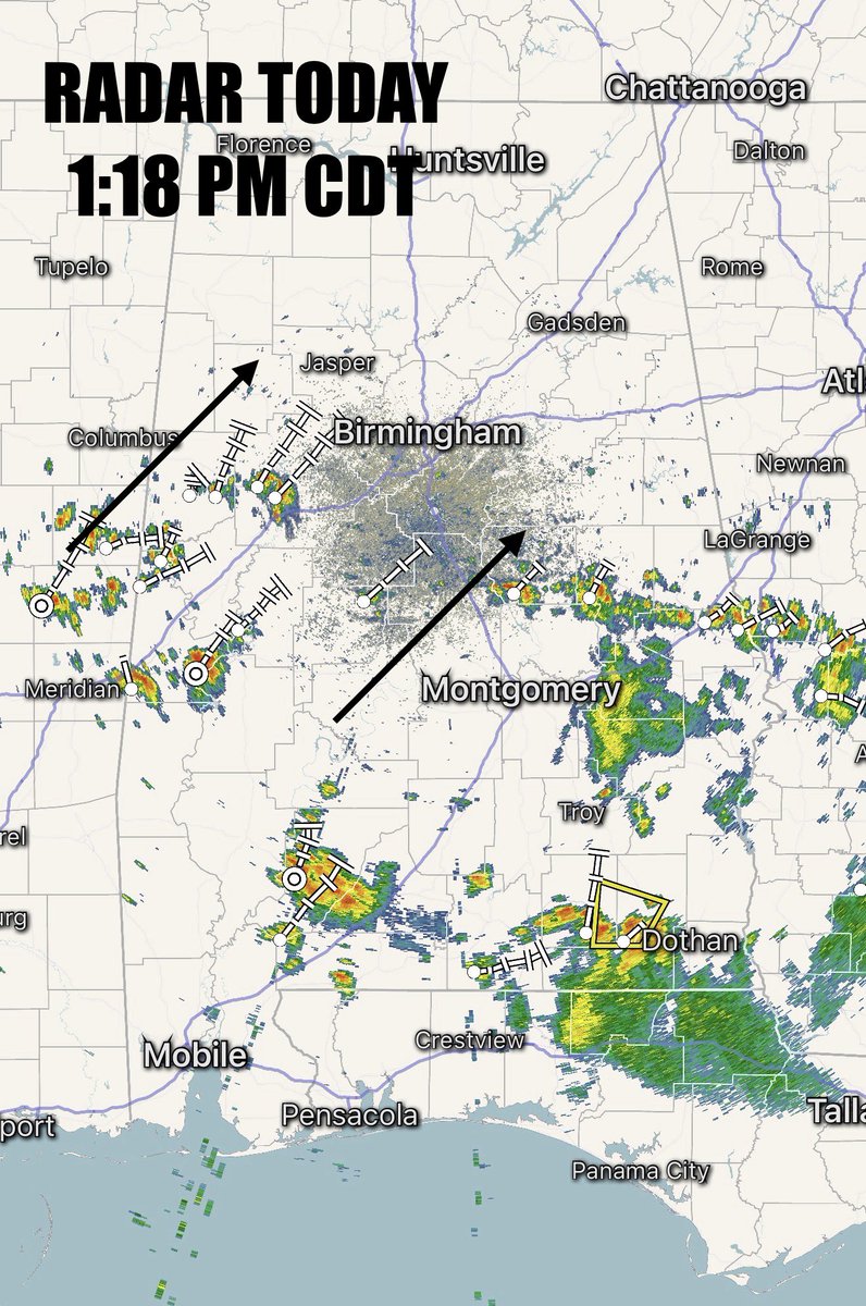 weswyattweather's tweet photo. 🛑 SIGNIFICANT RAIN FOR PARTS OF THE STATE 

This afternoon’s radar shows scattered showers and storms lifting in from the southwest. Tropical Storm Author meanwhile, remains over the northwest gulf. The system moves inland and weakens but all the tropical moisture moves our way, with rain likely during the day tomorrow. This system will spread some significant rainfall across parts of the region. The highest totals occur over south Alabama where rain amounts could approach a half foot. 

The main risk will be flooding, especially over our southern counties where rain amounts may exceed 4”. There could be similar totals in a few areas further north.

🌪️ Will we see a tornado risk? It’s low but non zero with a system like this. Greatest risk is east of the low, which would mean we need to monitor southeast counties. Also, with a system like this brief rotation can develop quickly and not last long, so stay weather alert tomorrow. 

More rain and storms wrap in on the backside of the system Friday so the flood risk will continue before improving weather on Saturday.

📲 Stay with WBRC for continued updates on this system. First Alert Weather Days have been declared for Thursday and Friday.