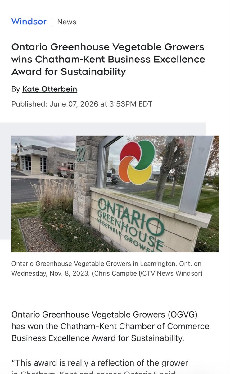 daveeppckl's tweet photo. The Ontario Greenhouse Vegetable Growers received the Chatham-Kent Chamber of Commerce Business Excellence Award for Sustainability!

This success could not happen without the growers themselves! CKL multi-generational farming families and agricultural entrepreneurs are bar none! https://t.co/K4ufal5ziu