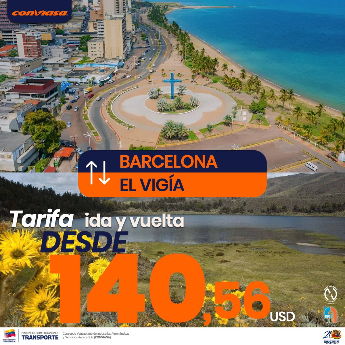 LAConviasa's tweet photo. ¿Te provoca un cambio de clima? Conecta de forma rápida y cómoda desde Barcelona hasta El Vigía.

📞 Call center: 0500-2668427.
🏢 Oficinas comerciales.
📧 callcenter@conviasa.aero. https://t.co/wgb5t5Ezm7