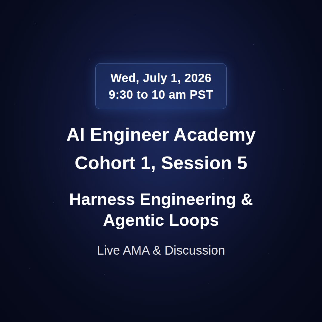 n_ranjan's tweet photo. Are you a software engineer who wants to become an AI Engineer? Read on, and please share. The "𝗔𝗜 𝗘𝗻𝗴𝗶𝗻𝗲𝗲𝗿 𝗔𝗰𝗮𝗱𝗲𝗺𝘆" series offers milestones and live discussions to guide our journey to becoming proficient AI engineers.

📌 𝗔𝗜 𝗘𝗻𝗴𝗶𝗻𝗲𝗲𝗿 𝗔𝗰𝗮𝗱𝗲𝗺𝘆, 𝗖𝗼𝗵𝗼𝗿𝘁 #𝟭, 𝗣𝗼𝘀𝘁 #𝟱

📌 𝗠𝗶𝗹𝗲𝘀𝘁𝗼𝗻𝗲 𝟱: 𝗛𝗮𝗿𝗻𝗲𝘀𝘀 𝗘𝗻𝗴𝗶𝗻𝗲𝗲𝗿𝗶𝗻𝗴 & 𝗔𝗴𝗲𝗻𝘁𝗶𝗰 𝗟𝗼𝗼𝗽𝘀: 𝗦𝗰𝗮𝗳𝗳𝗼𝗹𝗱𝗶𝗻𝗴 𝗳𝗼𝗿 𝗟𝗼𝗻𝗴-𝗥𝘂𝗻𝗻𝗶𝗻𝗴 𝗔𝗴𝗲𝗻𝘁𝘀

In Milestone 4, we learned to build, evaluate, and connect agents. But a model alone isn't enough. The harness (prompts, tools, memory, and control logic) and the loop that drives the agent over long horizons matter just as much. This milestone covers that scaffolding.

✅ 𝗦𝘁𝗲𝗽 𝟭) 𝗙𝗼𝘂𝗻𝗱𝗮𝘁𝗶𝗼𝗻: 𝗪𝗵𝗮𝘁 𝗜𝘀 𝗮 𝗛𝗮𝗿𝗻𝗲𝘀𝘀 𝗮𝗻𝗱 𝗪𝗵𝘆 𝗟𝗼𝗻𝗴-𝗥𝘂𝗻𝗻𝗶𝗻𝗴 𝗔𝗴𝗲𝗻𝘁𝘀 𝗡𝗲𝗲𝗱 𝗢𝗻𝗲: Read Anthropic's "Effective Harnesses for Long Running Agents" and its companion "Harness Design for Long Running Apps." They explain why agents that run for minutes or hours, not seconds, need deliberate engineering for context compaction, error recovery, and state management.

✅ 𝗦𝘁𝗲𝗽 𝟮) 𝗛𝗮𝗿𝗻𝗲𝘀𝘀 𝗗𝗲𝘀𝗶𝗴𝗻 𝗶𝗻 𝗣𝗿𝗮𝗰𝘁𝗶𝗰𝗲: Read OpenAI's "Harness Engineering: Leveraging Codex in an Agent-First World" for a practical look at building harnesses around coding agents in a real agent-first workflow.

✅ 𝗦𝘁𝗲𝗽 𝟯) 𝗔𝗴𝗲𝗻𝘁𝗶𝗰 𝗟𝗼𝗼𝗽𝘀: 𝗥𝗲𝗹𝗶𝗮𝗯𝗹𝗲 𝗪𝗼𝗿𝗸𝗳𝗹𝗼𝘄𝘀 𝗧𝗵𝗮𝘁 𝗟𝗲𝗮𝗿𝗻 𝗢𝘃𝗲𝗿 𝗧𝗶𝗺𝗲: Every agent runs on a loop: observe, decide, act, repeat. "How to Solve Problems of Autonomous Agentic AI Workflows" covers common failure modes (drift, runaway loops, lost context) and how to keep a loop on track. LangChain's "Continual Learning for AI Agents" shows how the best loops learn from each iteration and improve with every run.

✅ 𝗦𝘁𝗲𝗽 𝟰) 𝗣𝘂𝘁𝘁𝗶𝗻𝗴 𝗜𝘁 𝗧𝗼𝗴𝗲𝘁𝗵𝗲𝗿: 𝗔𝗻 𝗔𝗹𝘄𝗮𝘆𝘀-𝗢𝗻 𝗔𝗴𝗲𝗻𝘁 𝗬𝗼𝘂 𝗖𝗮𝗻 𝗠𝗲𝘀𝘀𝗮𝗴𝗲: Study the "Hermes Agent Masterclass" (architecture similar to OpenClaw): the harness and loop working together as an always-on agent that lives on a server, runs continuously, and reaches you over Telegram or Slack. Send it a task from your phone, and it works on its own and messages you back.
Do the above and comment below with your questions.

📌 𝗟𝗶𝘃𝗲 𝗔𝗠𝗔: 𝗪𝗲𝗱𝗻𝗲𝘀𝗱𝗮𝘆, 𝗝𝘂𝗹𝘆 𝟭, 𝟵:𝟯𝟬 𝗮𝗺 𝗣𝗦𝗧 Comment below for the Zoom link and bring your questions.

📌 𝗟𝗶𝗻𝗸𝘀 (𝗳𝗼𝗿 𝘀𝘁𝗲𝗽𝘀 𝗮𝗯𝗼𝘃𝗲):

𝗦𝘁𝗲𝗽 𝟭 𝗟𝗶𝗻𝗸𝘀: 1) https://t.co/TVsZjp0f2J, 2) https://t.co/TXvnF2ylXF

𝗦𝘁𝗲𝗽 𝟮 𝗟𝗶𝗻𝗸: https://t.co/kJsdFrAb1q

𝗦𝘁𝗲𝗽 𝟯 𝗟𝗶𝗻𝗸𝘀: 1) https://t.co/BiH0uTNnOg, 2) https://t.co/q9YW68j2Xo

𝗦𝘁𝗲𝗽 𝟰 𝗟𝗶𝗻𝗸: https://t.co/ekRgITZJ7h