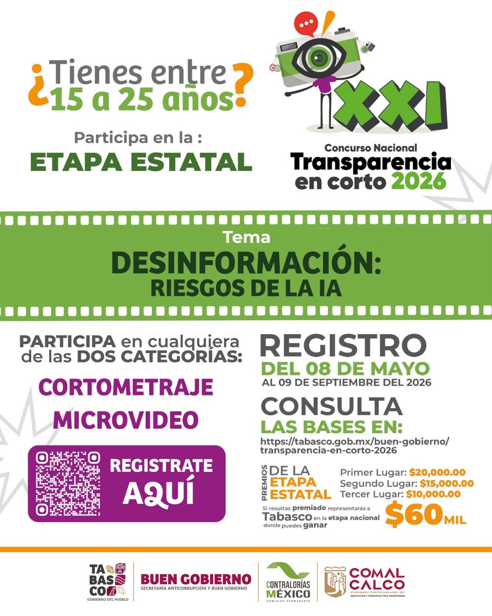 ComalcalcoMX's tweet photo. 🎥📱 ¿Tienes entre 15 y 25 años? Esta es tu oportunidad de alzar la voz a través de la creatividad.

📣 El Ayuntamiento de Comalcalco, a través de la Contraloría Municipal, en coordinación con la Secretaría de @BuenGobiernoTAB, invita a las y los jóvenes a participar en la Etapa Estatal del XXI Concurso Nacional de Transparencia en Corto, con el tema:

🤖 “Desinformación: riesgos de la IA”

📌 Regístrate escaneando el código QR.
📌 Consulta las bases completas en el siguiente enlace: https://t.co/valbHBb9bK
📌 Participa y representa a Comalcalco con tu talento e innovación.

💡 Comparte tu visión sobre uno de los desafíos más importantes de la era digital y contribuye a fomentar una ciudadanía más informada, crítica y responsable.

#TransparenciaEnCorto2026 #BuenGobierno #JuventudQueTransforma