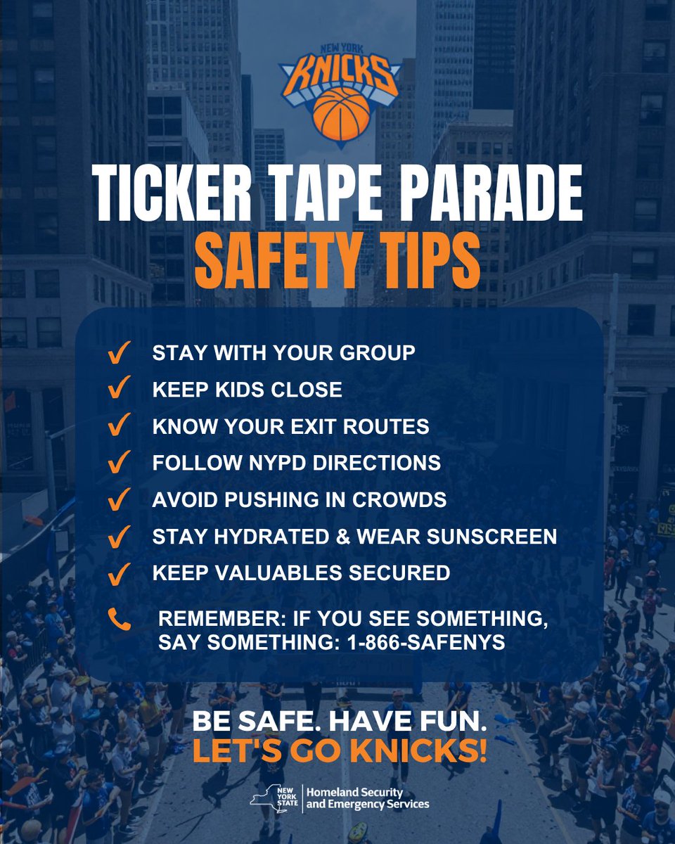 NYSDHSES's tweet photo. Let's GOOOO Knicks! 🎉

We're incredibly proud to celebrate our New York Knicks with a ticker tape parade. 🏀 Let's celebrate this incredible season together and make sure to have a safe and fantastic time! https://t.co/1FYotDcdxD