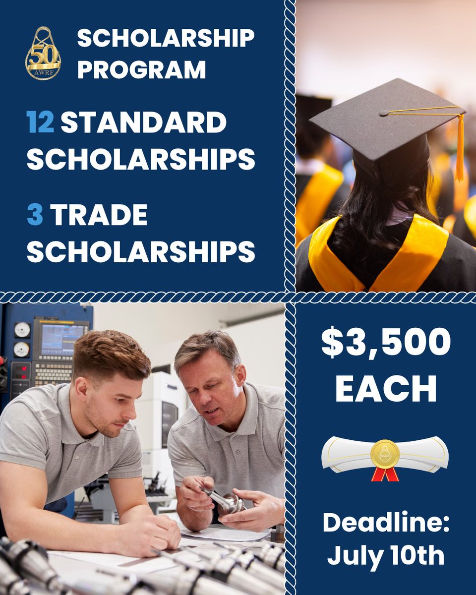 awrf's tweet photo. We are less than a month away from our scholarship deadline!

If you know someone who is interested in furthering their education and joining our industry, now is the time to help them get started.

Info: Scholarships@AWRF.org

https://t.co/zyE4LSDvvY

#AWRF50Years #Scholarships https://t.co/flaUgFbao1