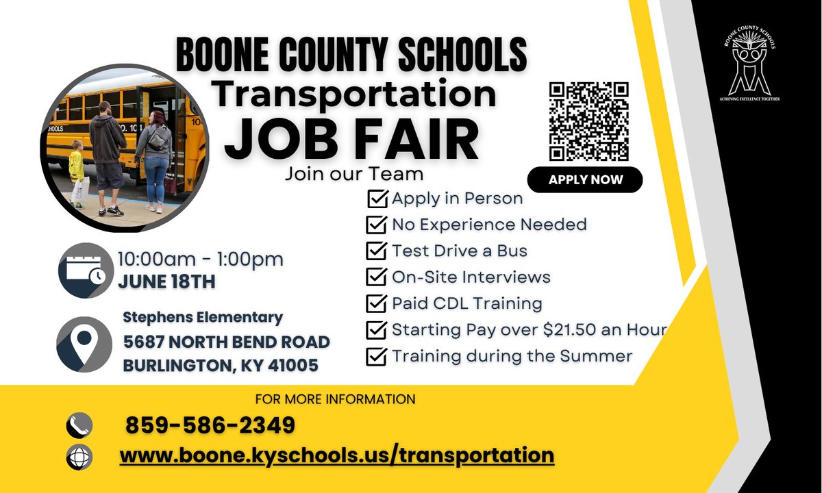Boone_County's tweet photo. We are hiring bus drivers for the 26/27 school year! No experience needed and starting pay is over $21.50/hour.
 
Stop by our transportation job fair this Thursday at Stephens elementary between 10am-1pm for more information
https://t.co/VyvrxnxZAn https://t.co/zgmcExnT5C