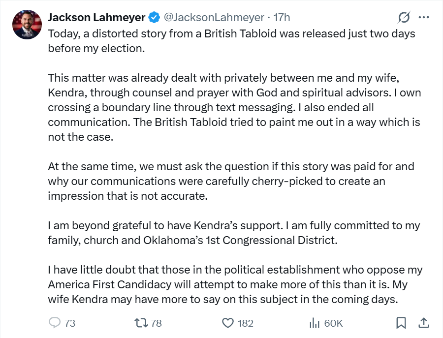RickonFox23's tweet photo. BREAKING @FOX23 - Tulsa Pastor Jackson Lahmeyer drops out of 1st Congressional District runoff after taking second while in the midst of accusations he said "crossed a boundary line" with a woman other than his wife during the campaign. He was endorsed by President Trump https://t.co/aGjMS9IV3P