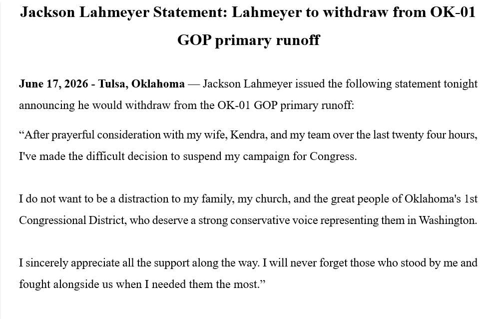 RickonFox23's tweet photo. BREAKING @FOX23 - Tulsa Pastor Jackson Lahmeyer drops out of 1st Congressional District runoff after taking second while in the midst of accusations he said "crossed a boundary line" with a woman other than his wife during the campaign. He was endorsed by President Trump https://t.co/aGjMS9IV3P