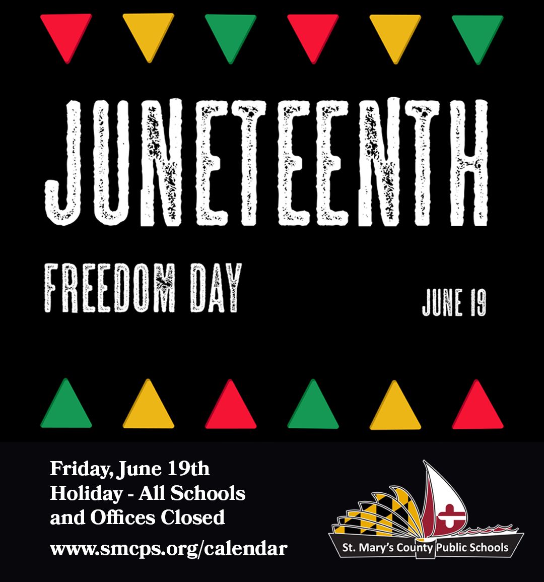 SMCPS_MD's tweet photo. In observance of Juneteenth, SMCPS Schools &amp; Offices will be closed Friday, June 19th, 2026. https://t.co/w5D7v5U3ty https://t.co/ofucLkaejj