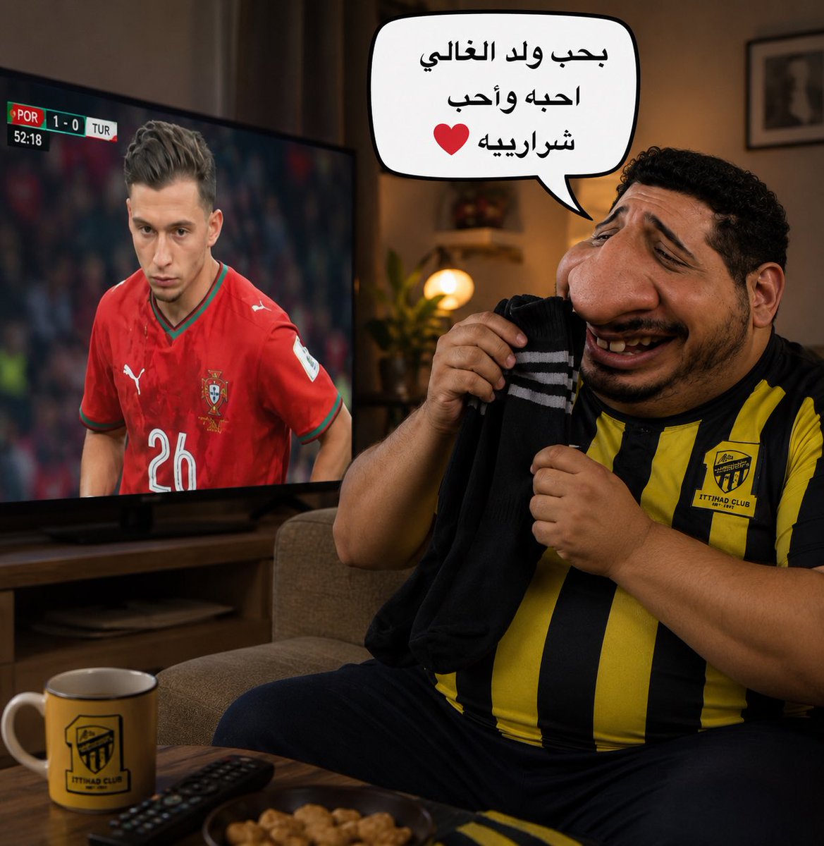 Thamer_alharby9's tweet photo. 🚨🚨🚨🚨🚨 عاجل:

حنكنوك دخل في حالة هيام بعد رؤيته ولد السباك كونسيساو وشوهد أمام التلفاز يحتضن الشراريب ويردد:

“ولد الغالي أحبه وأحب شراريبه” 🧦❤️😂

وتؤكد المصادر أن نسبة التركيز على المباراة كانت 0%، بينما نسبة العشق بلغت 100%. https://t.co/w8LISoHi9J