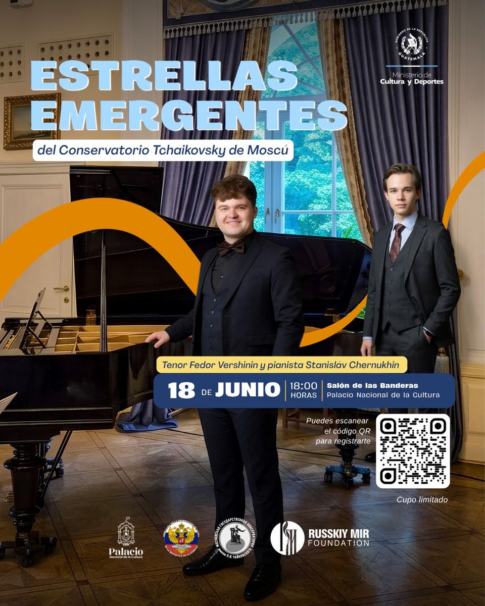 McdGuate's tweet photo. #Guatemala | 🎼 Disfruta del concierto “Estrellas Emergentes”, una presentación a cargo del tenor Fedor Vershinin y el pianista Stanislav Chernukhin, jóvenes intérpretes del Conservatorio Tchaikovsky de Moscú.

🗓️ 18 de junio 
🕕 18:00 horas
📍 Palacio Nacional de la Cultura https://t.co/QPHqxbDgo6