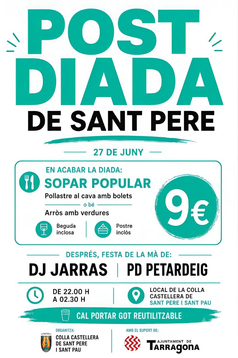 CCSPISP's tweet photo. 🪩 SOPAR POPULAR + FESTA POST DIADA

📌 Exterior Local del nostre local

😋 Sopar:Pollastre al cava 🍾 o arròs verdures 🍚
💿 Festa: Amb DJ Jarras 🍺i PD Petardeig 🎆

📲Confirma assistència i tiquets del sopar a l'app!! 

#castells #castelleres #castellers #Tarragona https://t.co/LMz5yGbhU8