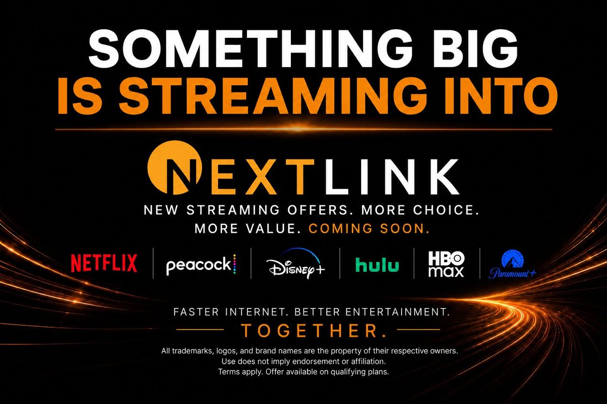 nxlink's tweet photo. Big news is coming! 👀
New streaming offers from your favorite platforms — all through Nextlink. More choice, more value, more entertainment. Stay tuned! #Nextlink #StreamingDeals #ComingSoon https://t.co/64BYqycP4C