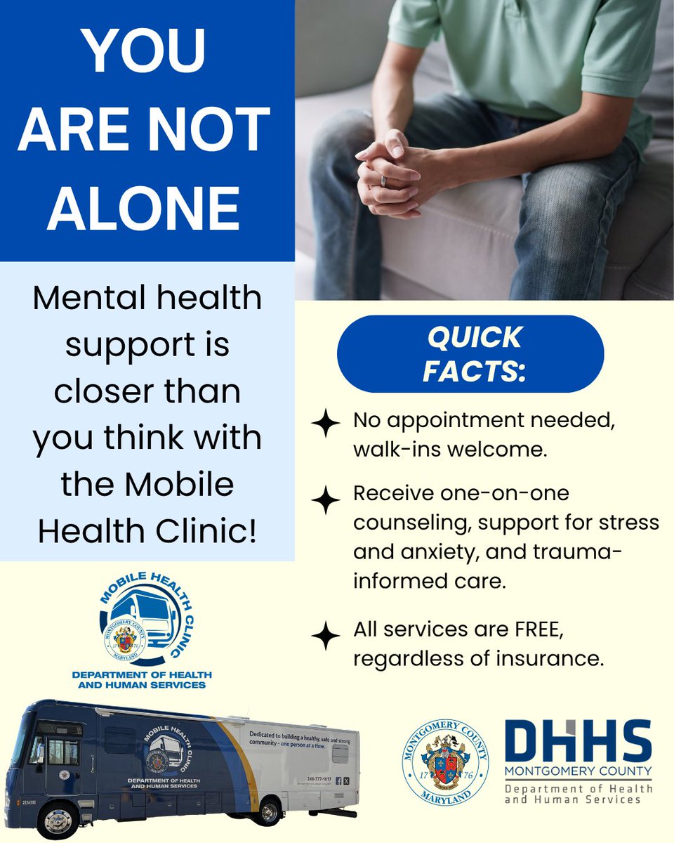 MoCoDHHS's tweet photo. Our Mobile Health Clinic is here for you all year long 💚 💬 FREE behavioral services 
📍 In your community 
🧠 Your mental health matters 
Stop by and take the first step. Click here to learn more and see our schedule: https://t.co/N0EUuGTjiX https://t.co/iyIoA1DkJA
