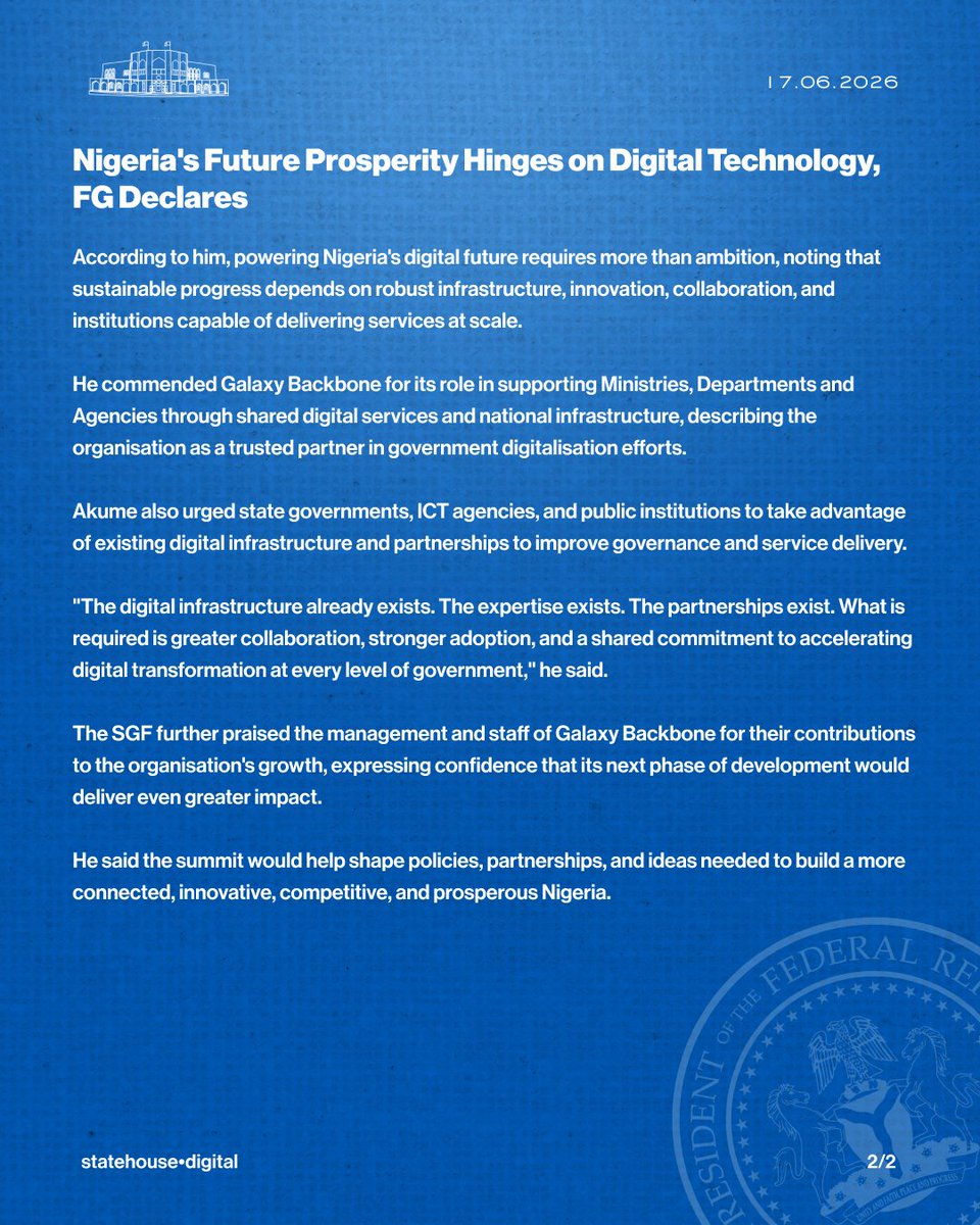 NGRPresident's tweet photo. Nigeria’s Future Prosperity Hinges on Digital Technology, FG Declares.

@SGFAkume https://t.co/uofdNwkpES
