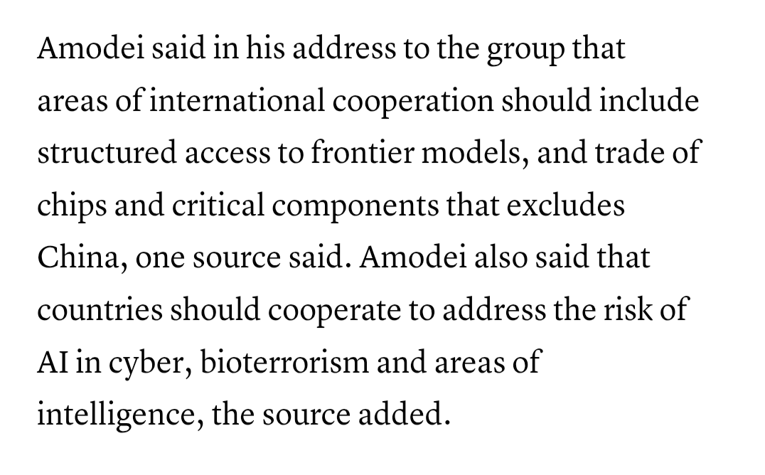ai_for_success's tweet photo. Dario Amodei really doesn't like China, does he? 

According to CNBC, Dario Amodei, Demis Hassabis, and Sam Altman discussed a U.S. led AI coalition at the G7 around AI safety, frontier models, and chip exports.

As per report Amodei talked about cooperation on AI chips and critical components among allied countries while excluding China.