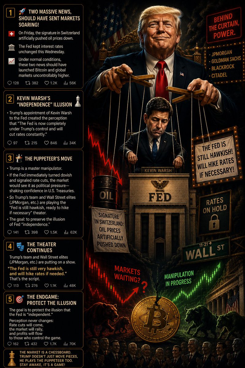 TheMacroWolf's tweet photo. Oil down. Fed on hold. Bitcoin frozen.
But sure… Kevin Warsh is totally independent. 

#Bitcoin #BTC #Crypto #Fed #Trump #FOMC https://t.co/B2ATMdayfY