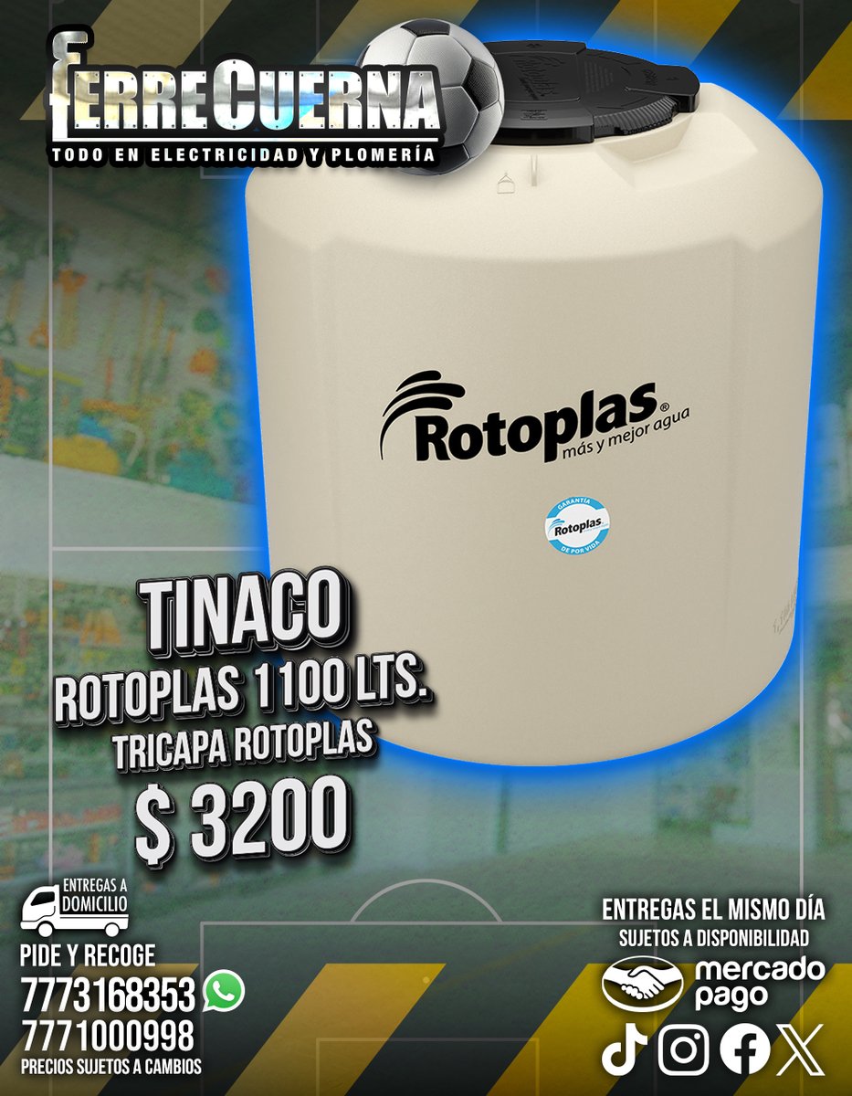 FerreCuerna's tweet photo. Tinaco Rotoplas 1100 lts. Tricapa $3200
𝗪𝗵𝗮𝘁𝘀𝗔𝗽𝗽: 777 316 8353
7771000998
SuperPrecios #Cuernavaca
Todo en #Plomería📷 #Electricidad📷#Herramienta 📷 #Construcción
Entregas el mismo día.
#Junio📷
#Fácil, #Rápido, #Práctico #FelizMiercoles https://t.co/rk5e6qHWs5