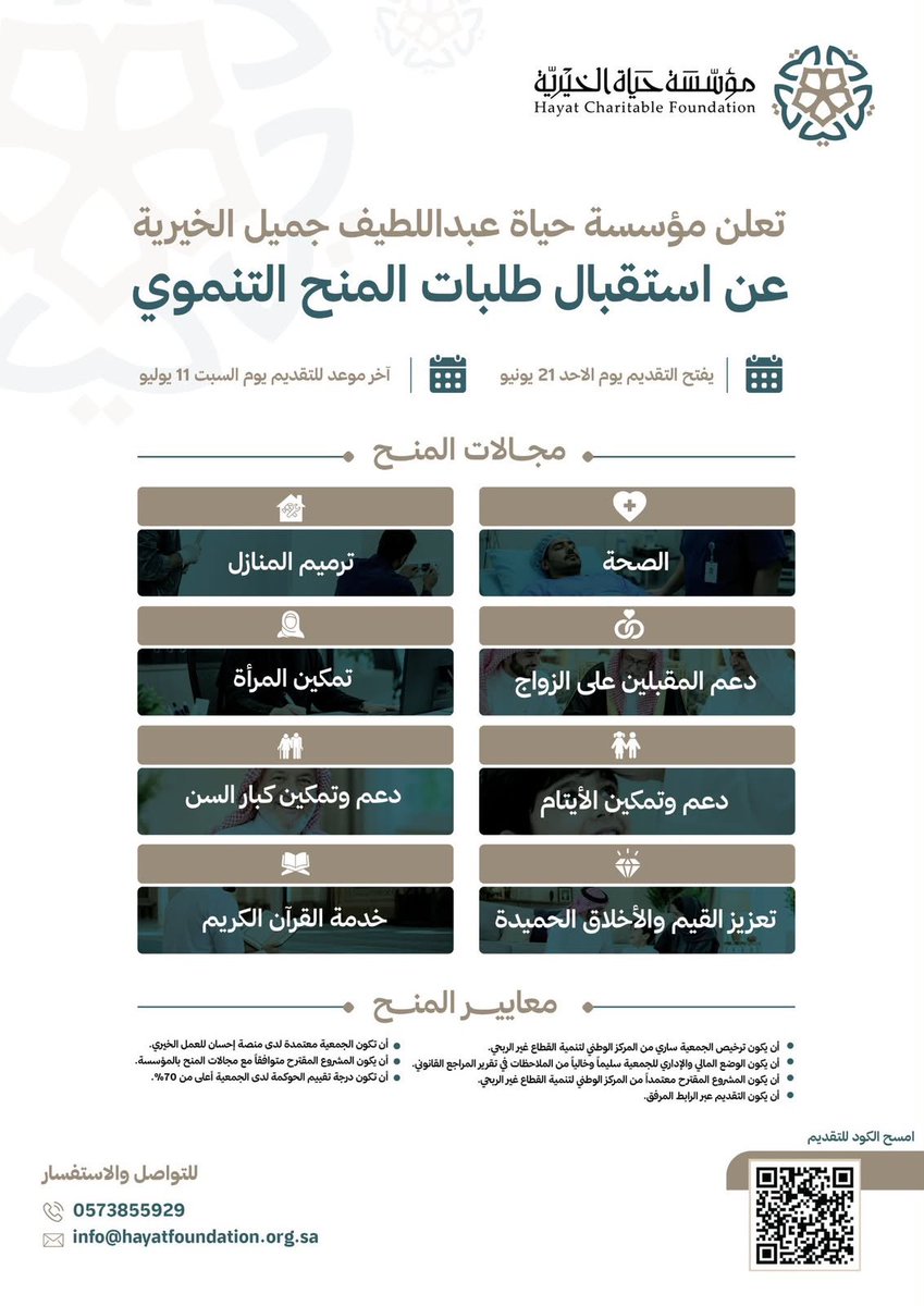 almonasib2018's tweet photo. تعلن مؤسسة ⁧#حياة_الخيرية⁩ عن افتتاح استقبال طلبات المنح ابتداءً من يوم الأحد 21 يونيو حتى 11 يوليو وذلك لدعم المبادرات والمشاريع ذات الأثر المستدام في مجالات المنح المعتمدة.
نسعد باستقبال طلباتكم عبر رابط التقديم 
https://t.co/LPBYceQI4s https://t.co/sL5arBUphr