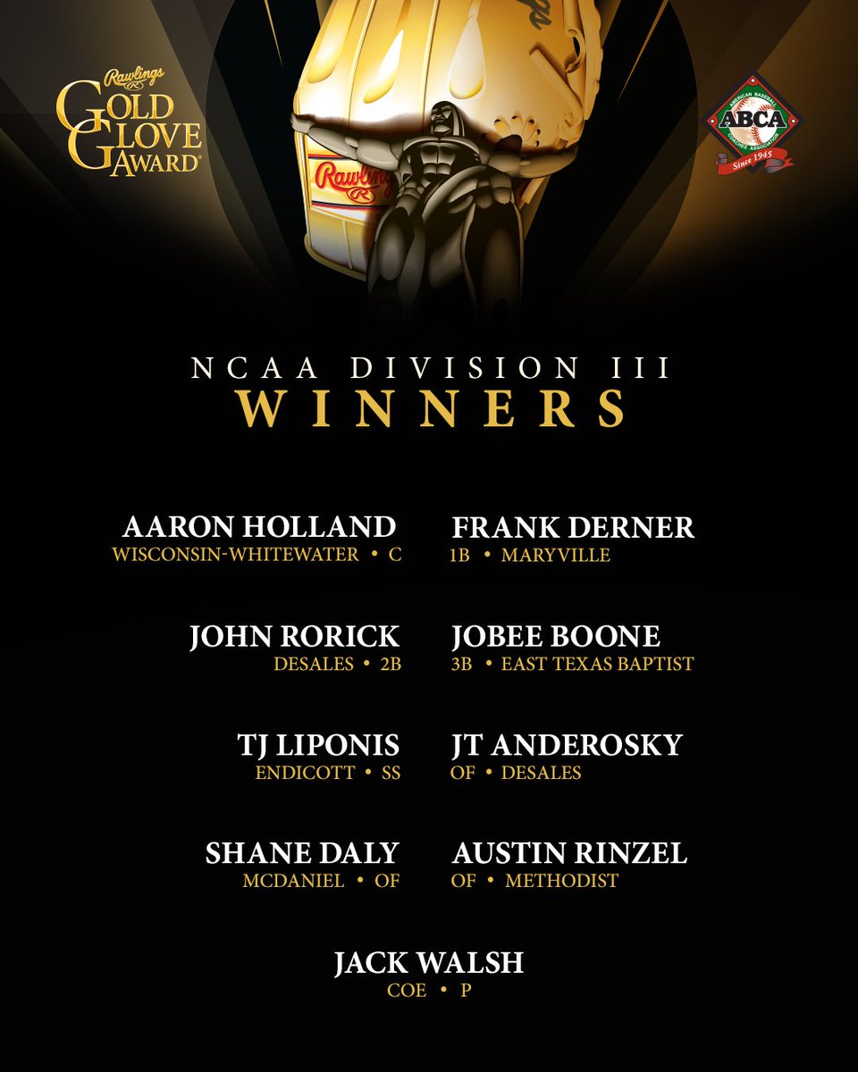 RawlingsSports's tweet photo. The 2026 @abca1945 NCAA Division III Rawlings Gold Glove Award Winners!

#RawlingsGoldGloveAwards https://t.co/RRWYTVkPxA