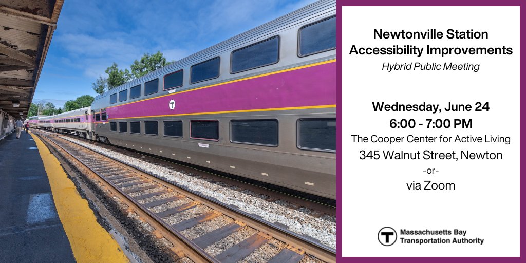 MBTA's tweet photo. We're hosting a public meeting for Newtonville Station Accessibility Improvements. Learn about the project status & plans for a new, fully accessible @MBTA_CR stop.
🗓️June 24
⏰6pm
📍Cooper Center for Active Living - 345 Walnut St, Newton
💻Zoom
ℹ️https://t.co/FkdrkdjYx3
#TAccess https://t.co/ujfRUInvDO