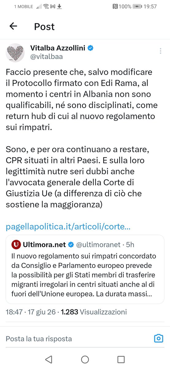 EBamusement's tweet photo. @Tommasocerno Studiate
Qual è la differenza tra return hub e CPR?
una fra le tante: i primi non sono sotto giurisdizione italiana come il CPR in Albania.
La gestione dei centri in Albania avviene da parte dell’Italia. La gestione dei Return hub avviene da parte del paese in cui sono collocati. https://t.co/TAHLv7HGGG