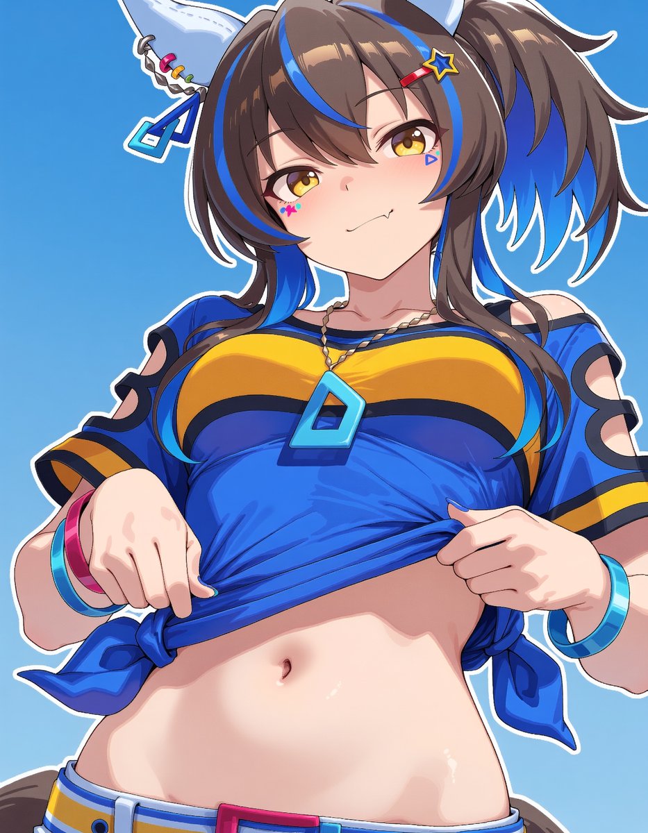 UUD_JP's tweet photo. 【お題絵】
勝負服のTシャツをおへそが見える��らいまでたくし上げたダイタクヘリオス

ってことでヘリオスLora投稿予定。 https://t.co/ILYzZplpMI