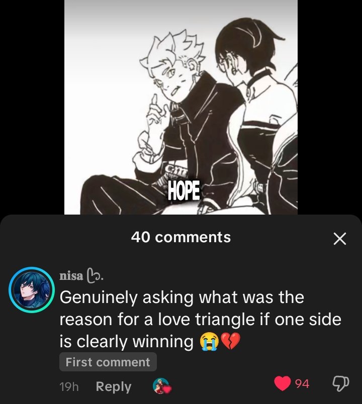 s_tapaspini's tweet photo. I mean yeahhh.. A love triangle is supposed to make people confused because both sides should have strong moments and equal chances… 😭

But in Boruto it feels like one side has been collecting all the wins... And Everyone already knows which team is winning😌🥗🔩 https://t.co/wPLrlsM9Qz
