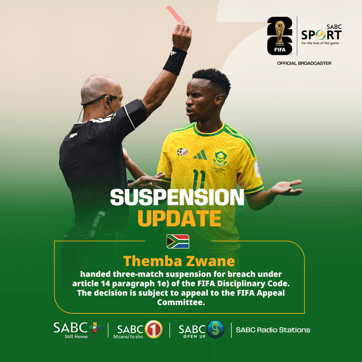 SABC_Sport's tweet photo. 🇿🇦 𝔹𝔸𝔽𝔸ℕ𝔸 𝔹𝔸𝔽𝔸ℕ𝔸 𝕌ℙ𝔻𝔸𝕋𝔼 🇿🇦

The FIFA Disciplinary Committee has upgraded Themba Zwane's suspension from one match to three for "serious foul play."

SAFA could appeal this.

#SABCSportFootball #AllOfUsAllInKaofela #FIFAWorldCup https://t.co/uACKYFyIEz