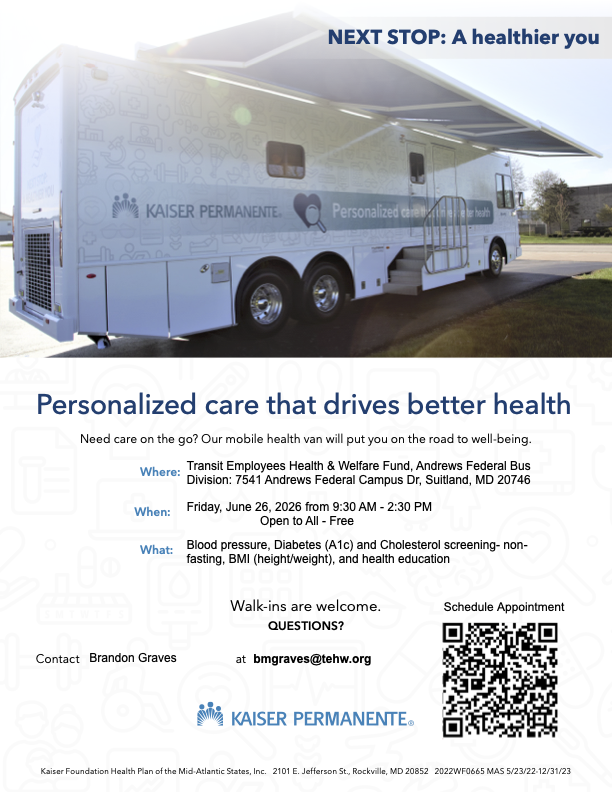 TEHWOfficial's tweet photo. Join us for a fun day focused on preventive screenings, wellness resources, and better health.

📅 June 26, 2026
🕤 9:30 AM–2:30 PM
📍 Andrews Federal Bus Division – Heavy Overhaul

Register for your FREE wellness screening:
https://t.co/7fGyOFBqAN https://t.co/4V2HkFzvyc