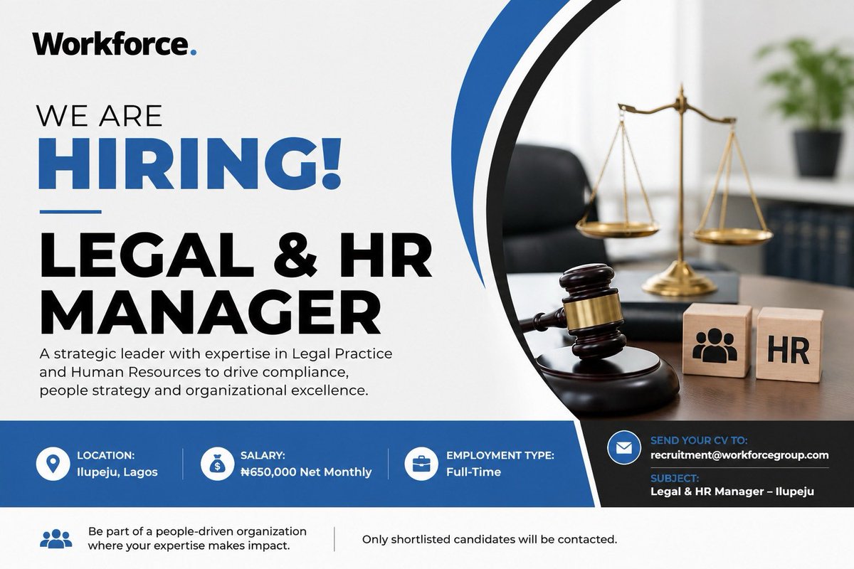 jenniumeh's tweet photo. #Hiring

Interested candidates should send their cv to: recruitment@workforcegroup.com
Subject: Legal &amp; HR Manager - Ilupeju

#job https://t.co/GXxYlihLBP