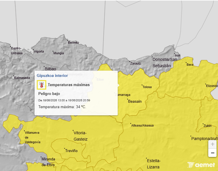 MeteoAndoain's tweet photo. Temperaturas Maximas para mañana Jueves 
Segun el modelo Arome. 
Para Jueves 18: 
Euskalmet: ⚠️ : 🌡️🟡/🥵🟡/🔥🟡
Aemet:         ⚠️: 🌡️🟡 https://t.co/GPANC1v4FK