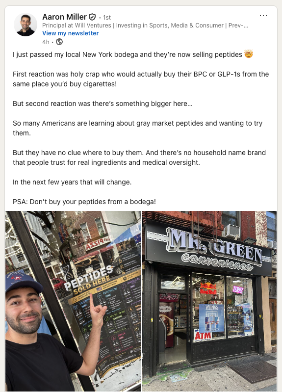 jefftangx's tweet photo. NYC bodegas used to sell weed, flavored vapes, and kratom.

Now they sell peptides.

h/t @aaronmiller_ https://t.co/Q3GTCVxOt3